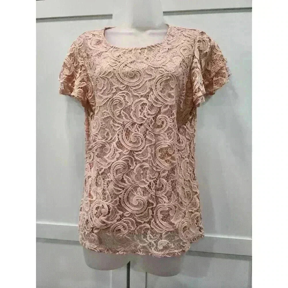 ADRIANNA PAPELL Women's Blouse Floral Lace Capped Sleeve Top Blush PINK Sz Large